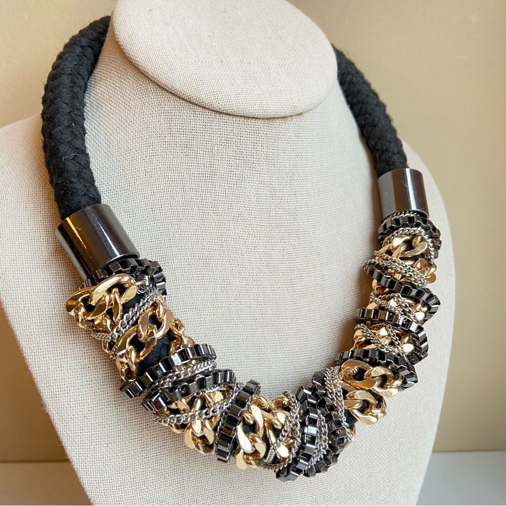 Aldo chunky statement necklace mixed tone metal intertwined chains on black rope